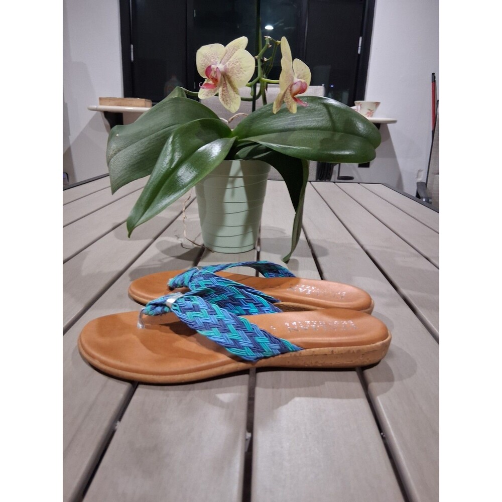 Italian Shoemakers Woman Blue Turquoise Leather Thong Wedge Sandals Sz 8 SB2 - Picture 7 of 9
